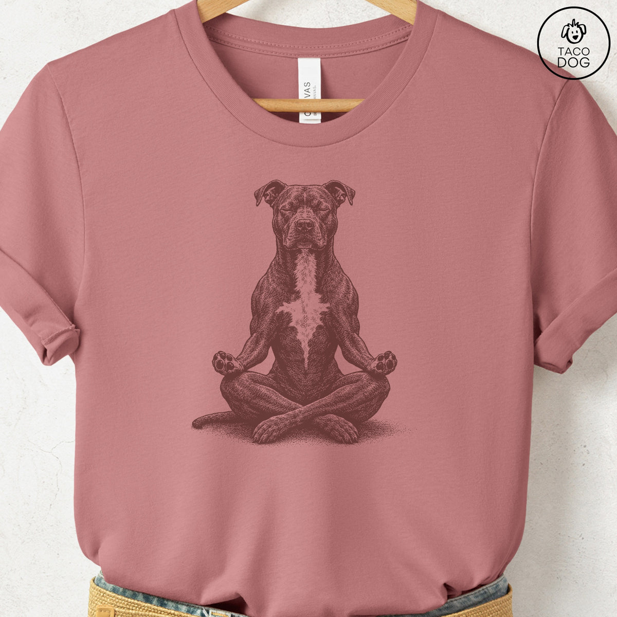 Pitbull Meditate T-Shirt Heather Mauve Taco-Dog