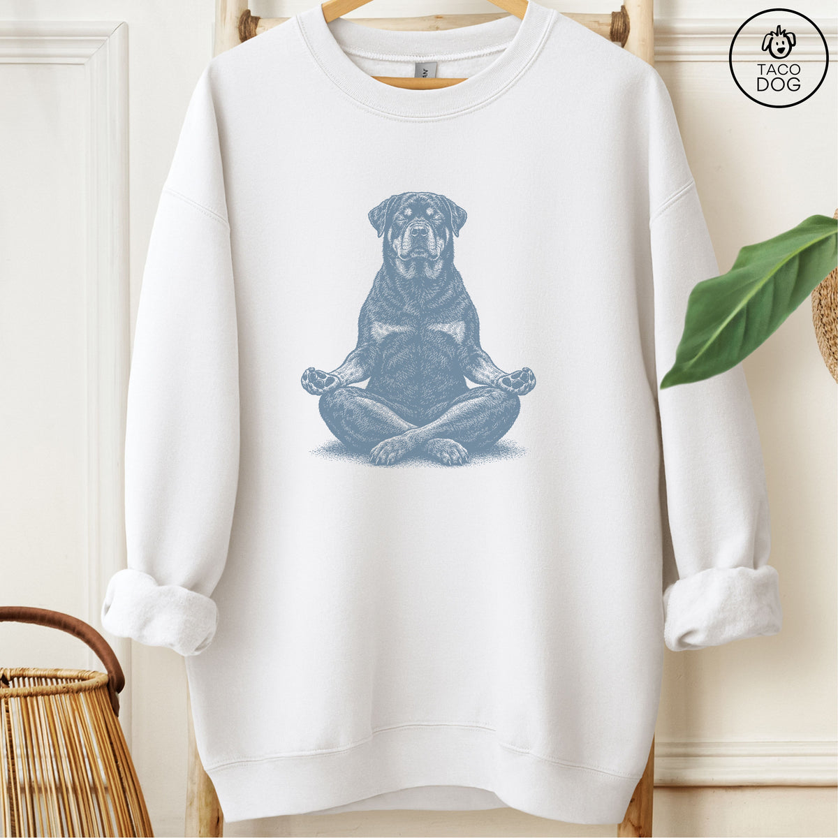 Rottweiler Meditate Sweatshirt White Taco-Dog