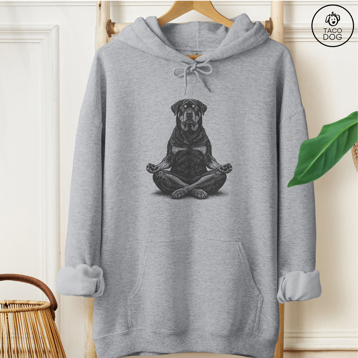 Rottweiler Meditate Hoodie Graphite Heather Taco-Dog