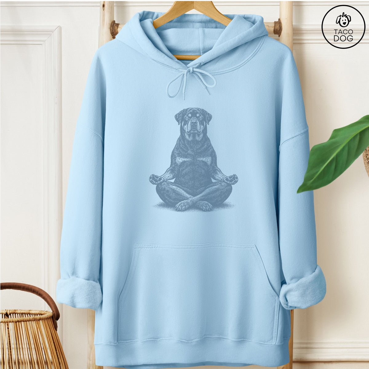 Rottweiler Meditate Hoodie Light Blue Taco-Dog