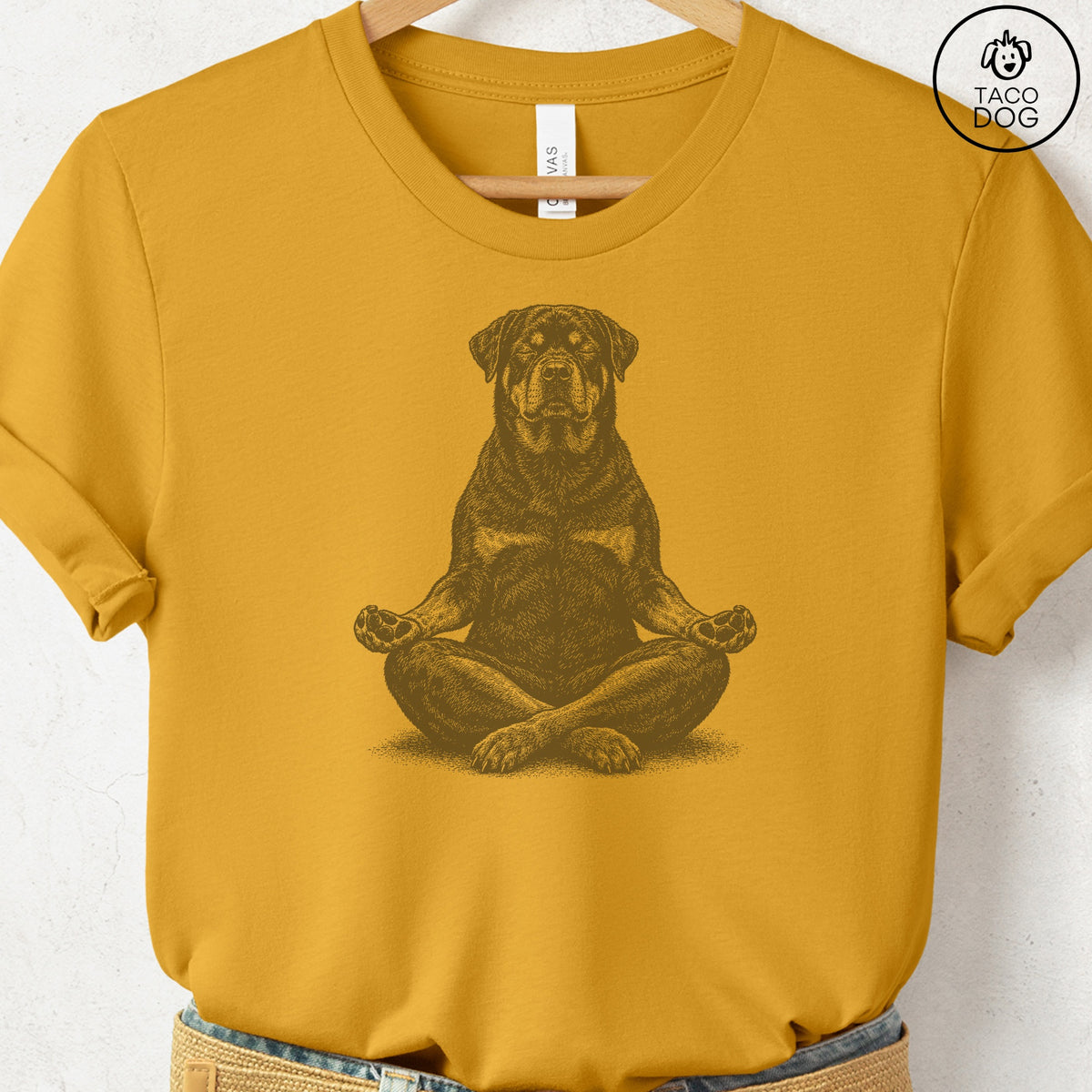 Rottweiler Meditate T-Shirt Mustard Taco-Dog