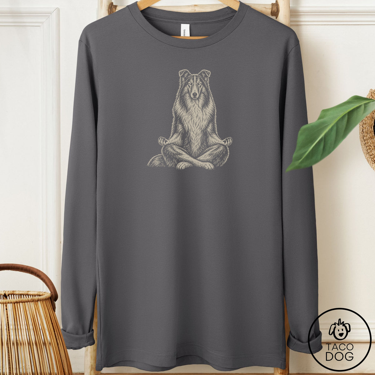 Rough Collie Meditate Long Sleeve Tee Asphalt Taco-Dog