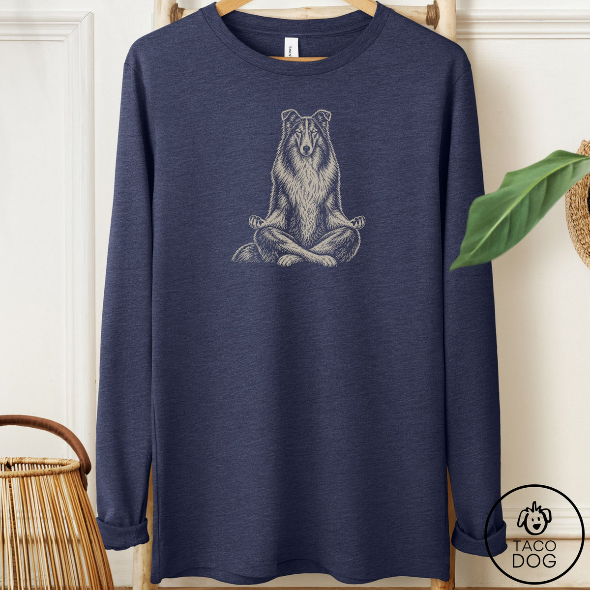 Rough Collie Meditate Long Sleeve Tee Heather Navy Taco-Dog
