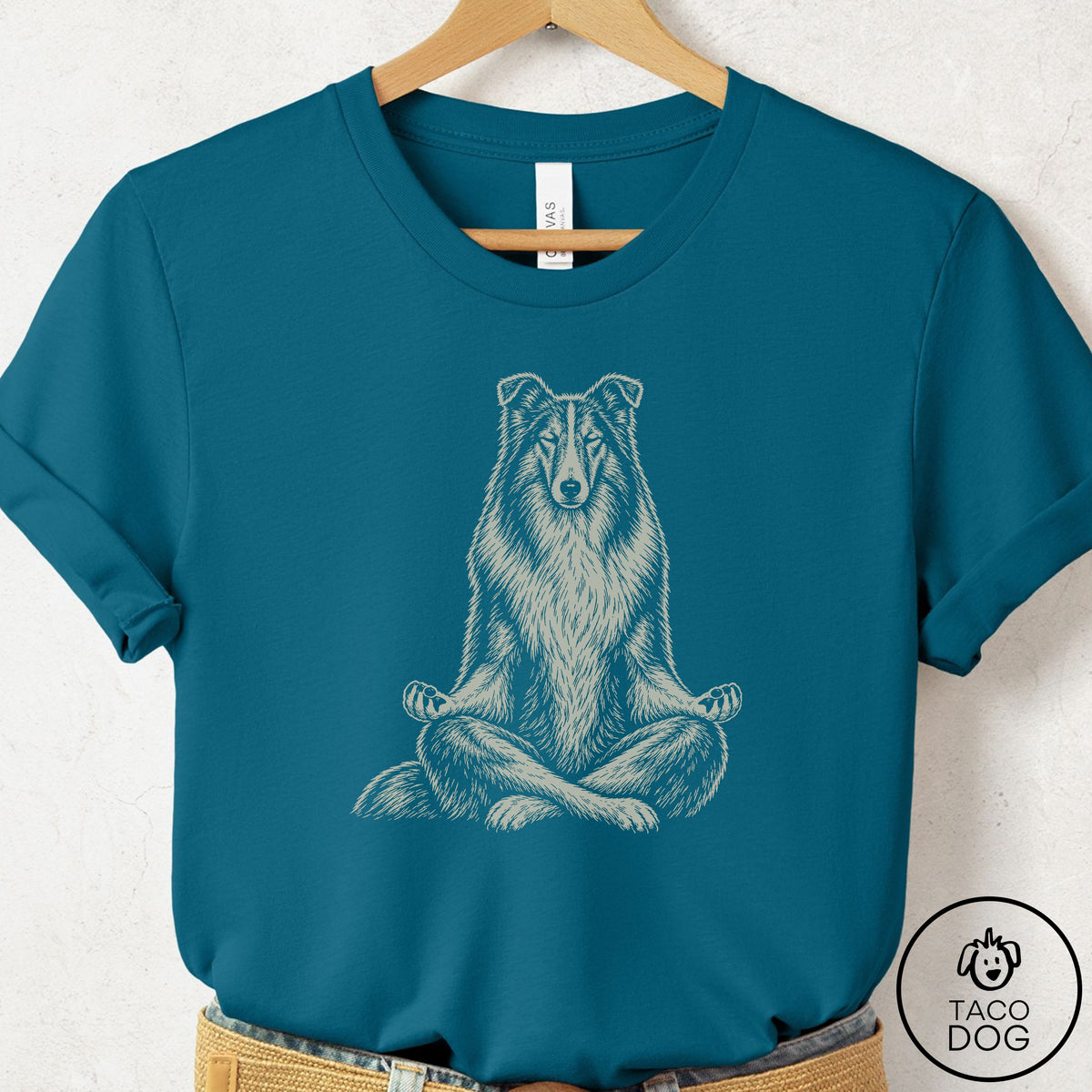 Rough Collie Meditate T-Shirt Deep Teal Taco-Dog
