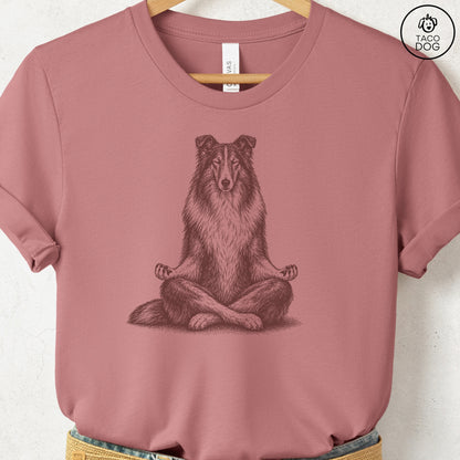 Rough Collie Meditate T-Shirt Heather Mauve Taco-Dog