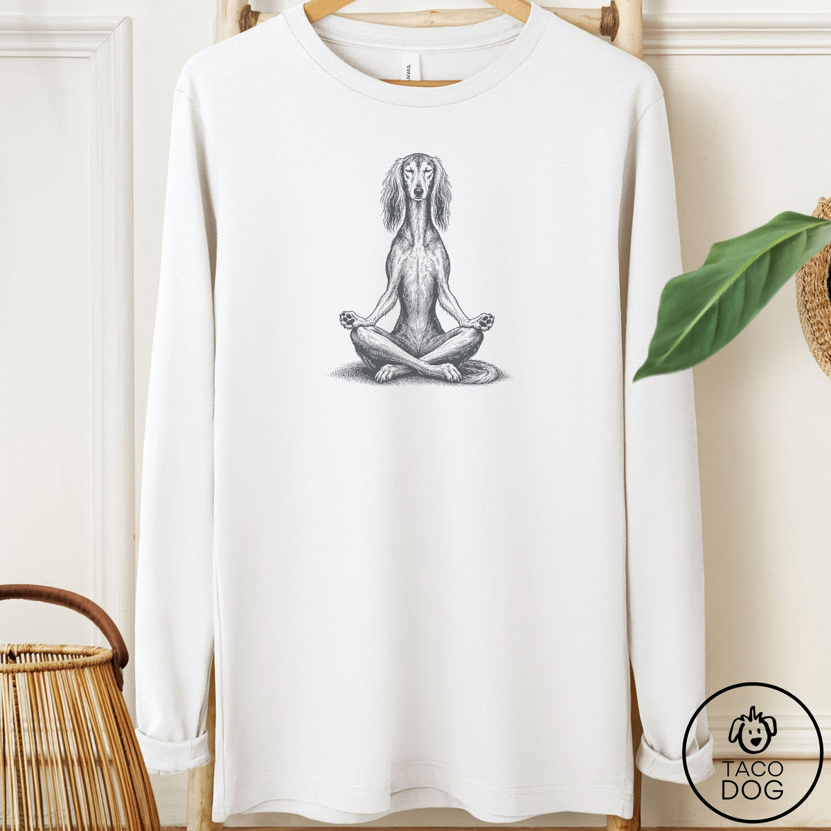 Saluki Meditate Long Sleeve Tee White Taco-Dog