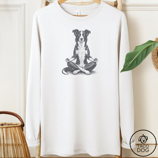 Border Collie Meditate Long Sleeve Tee White Taco-Dog