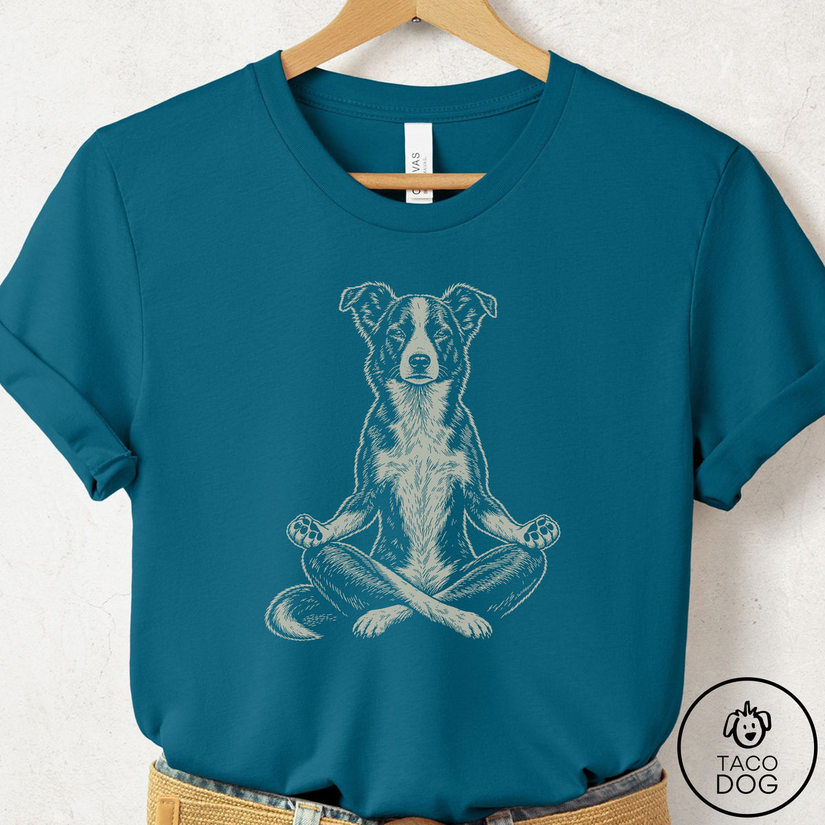 Border Collie Meditate T-Shirt Deep Teal Taco-Dog