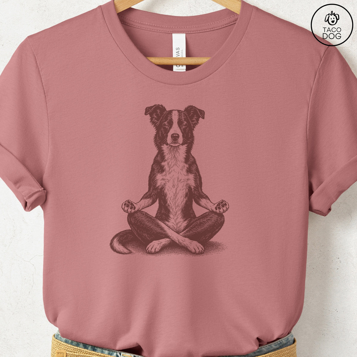 Border Collie Meditate T-Shirt Heather Mauve Taco-Dog