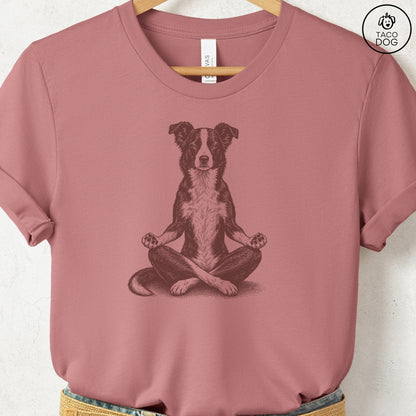 Border Collie Meditate T-Shirt Heather Mauve Taco-Dog