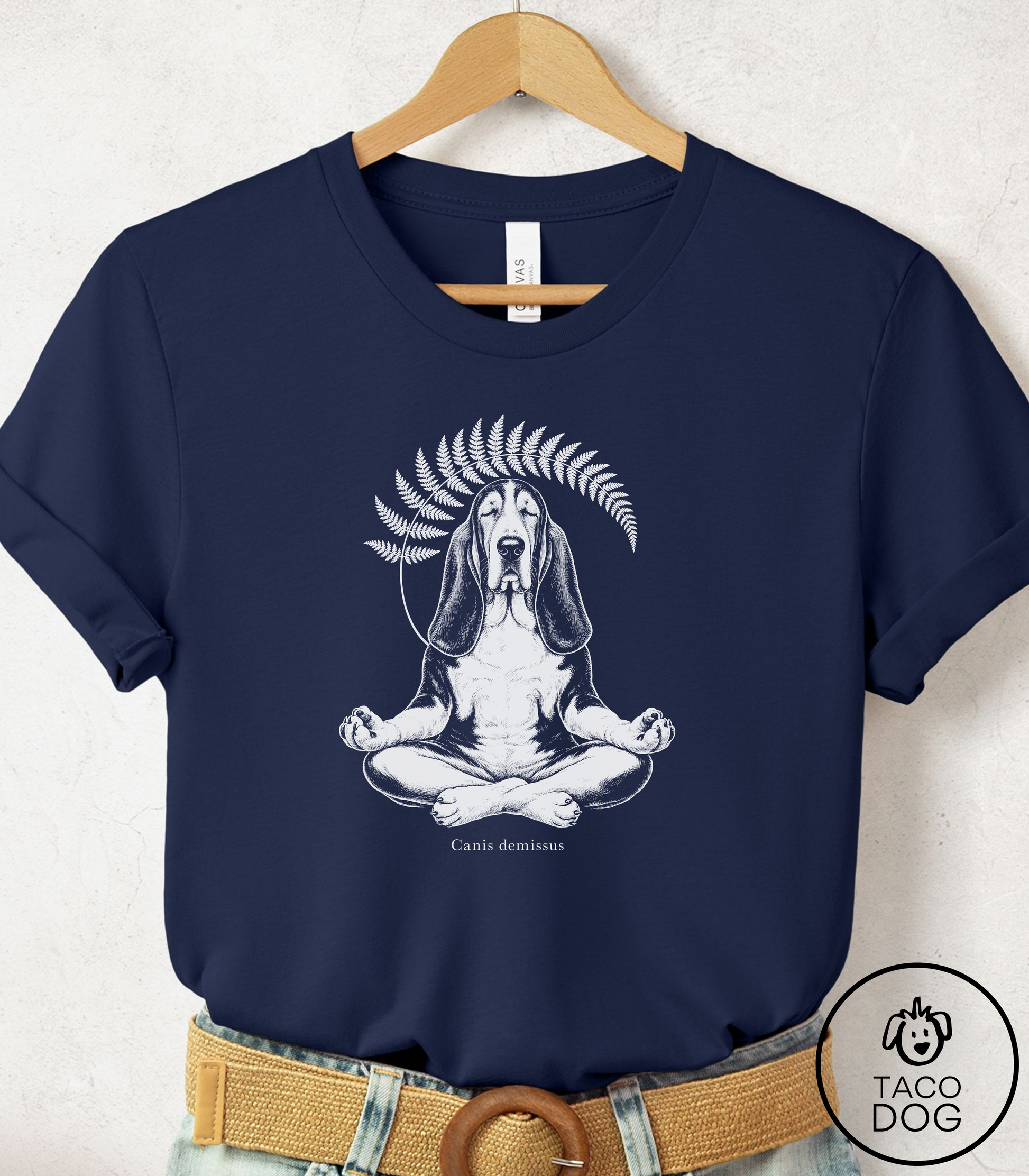 Basset Hound Meditation Cyanotype Tee Navy Taco-Dog