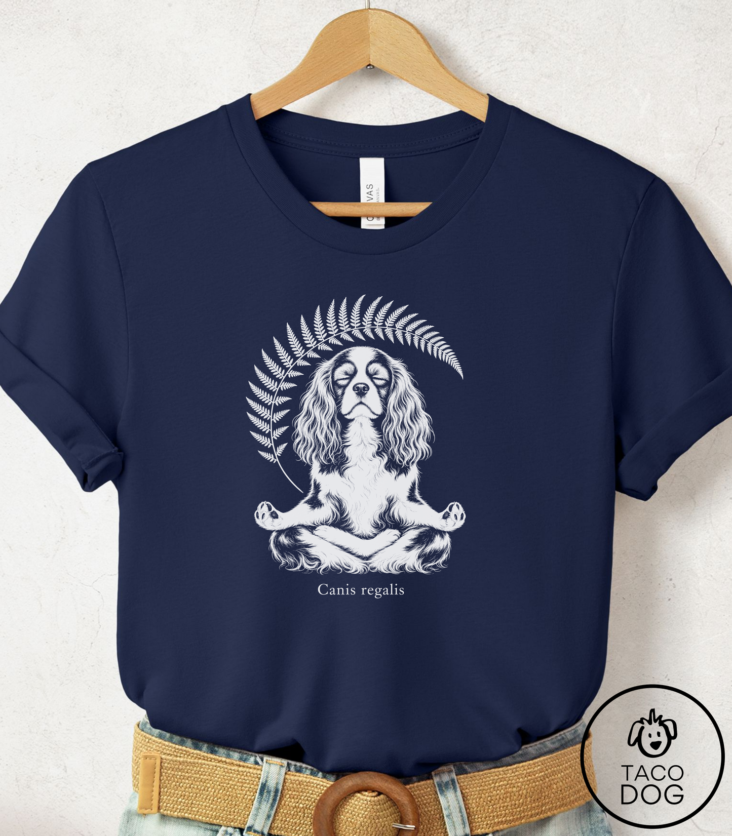 Cavalier King Charles Spaniel Meditation Cyanotype Tee Navy Taco-Dog