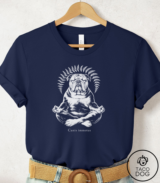 English Bulldog Meditation Cyanotype Tee Navy Taco-Dog