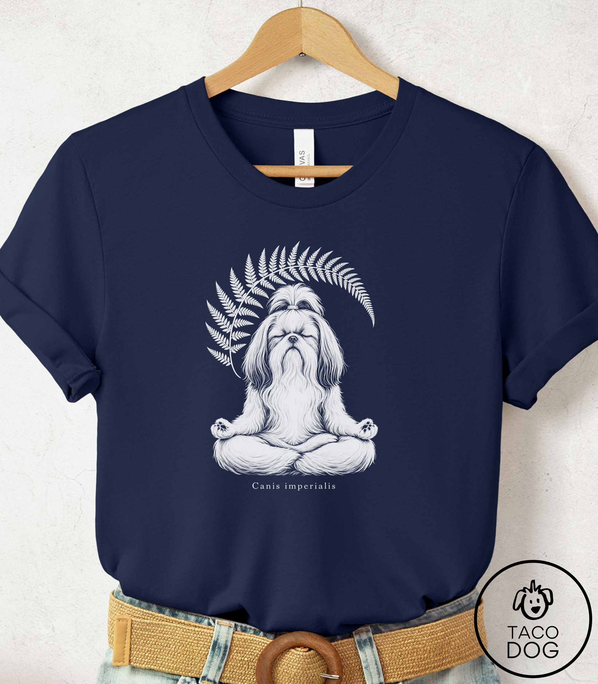 Shih Tzu Meditation Cyanotype Tee Navy Taco-Dog