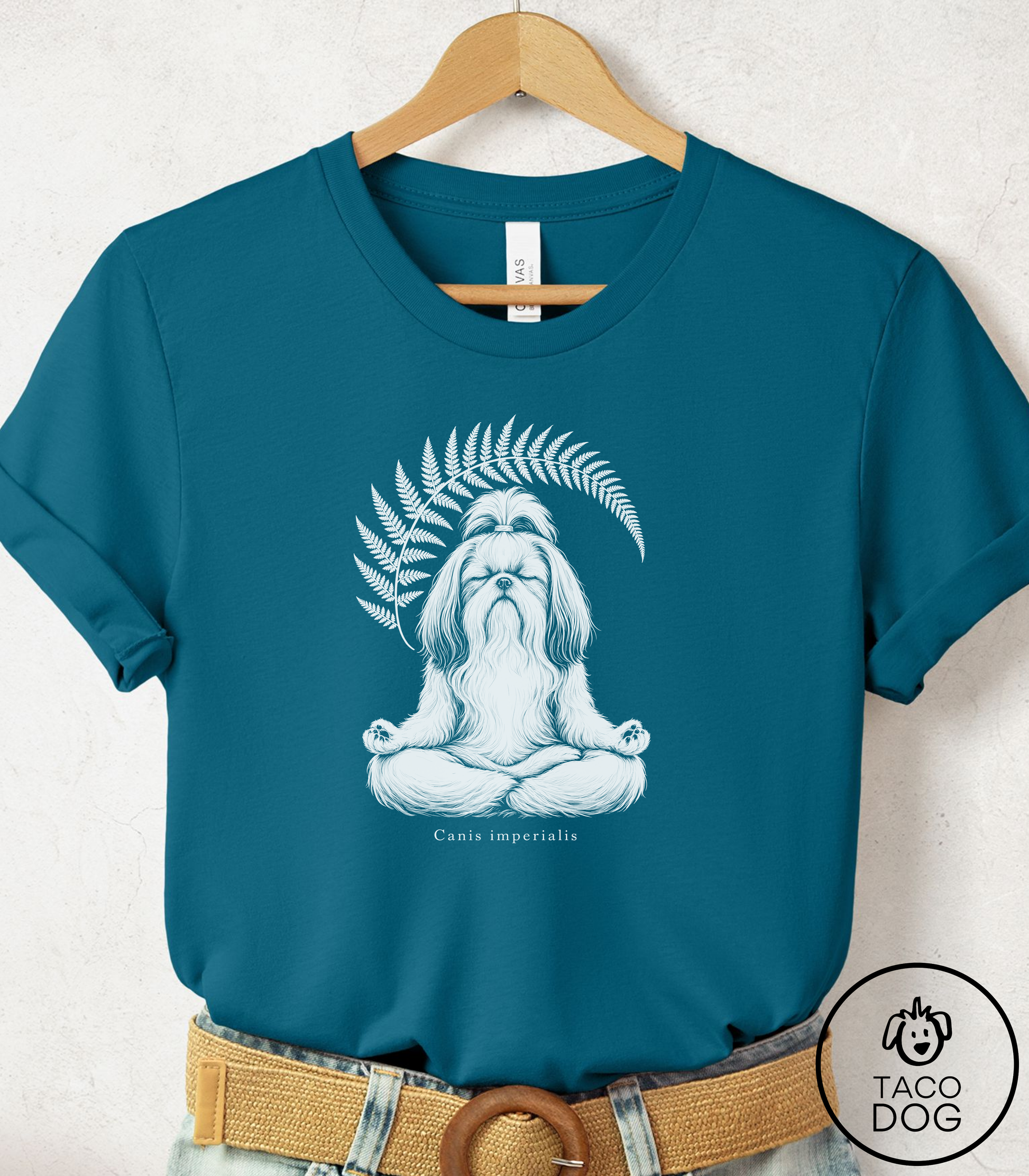 Shih Tzu Meditation Cyanotype Tee Deep Teal Taco-Dog