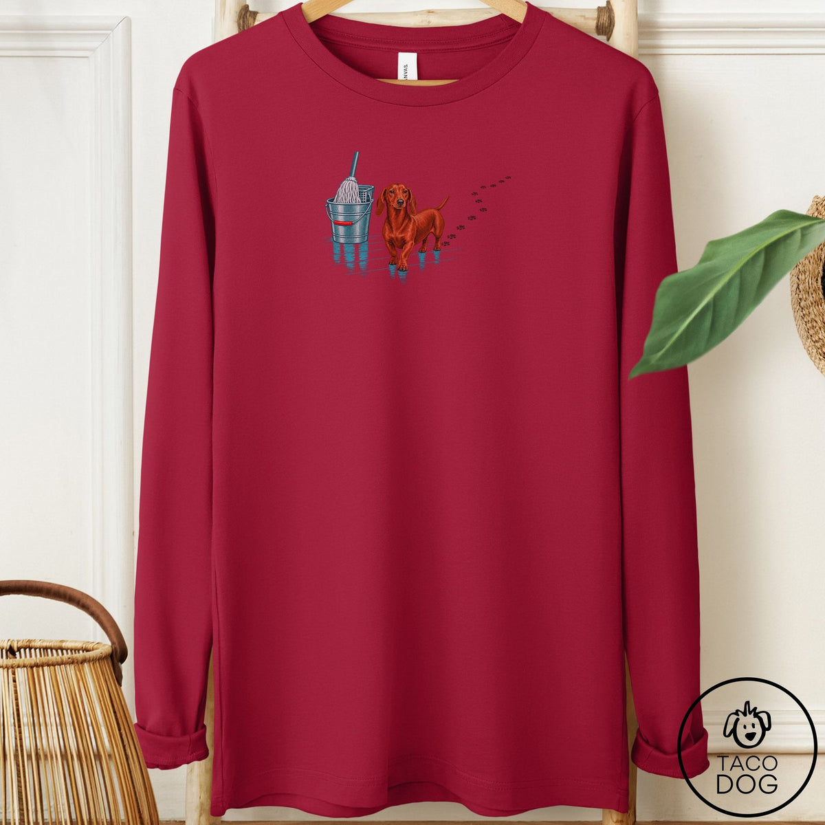 Dachshund Mop Long Sleeve Tee Cardinal Taco-Dog