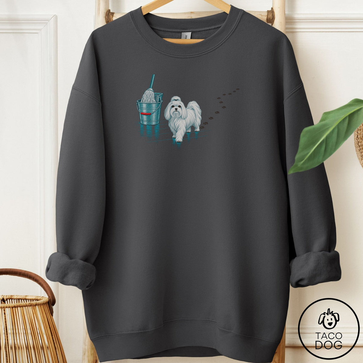 Maltese Mop Sweatshirt Charcoal Taco-Dog