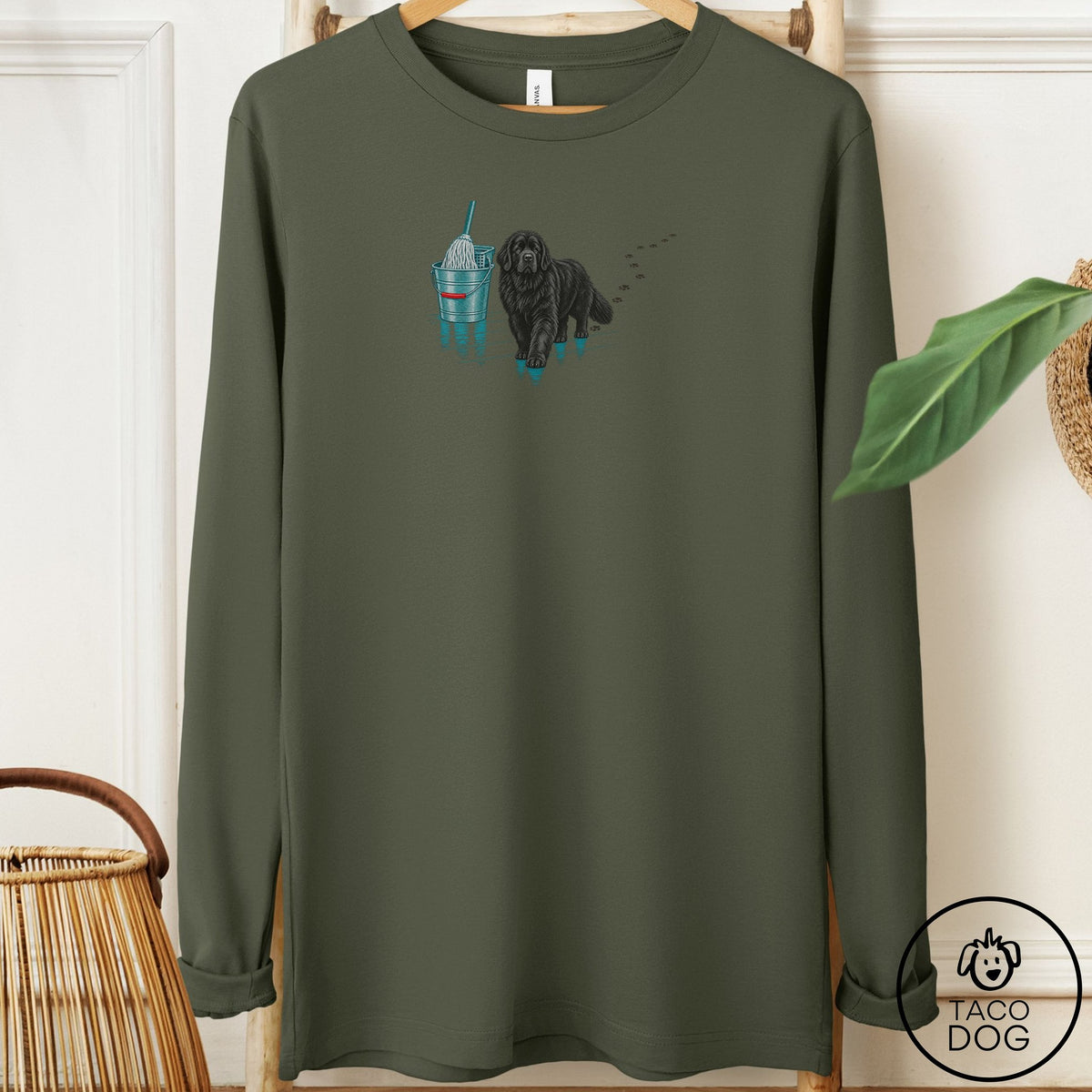 Newfoundland Mop Long Sleeve Tee Military Green Taco-Dog