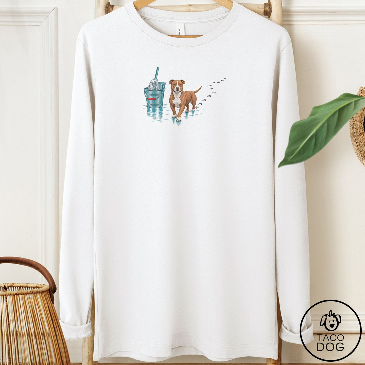 Pitbull Mop Long Sleeve Tee White Taco-Dog