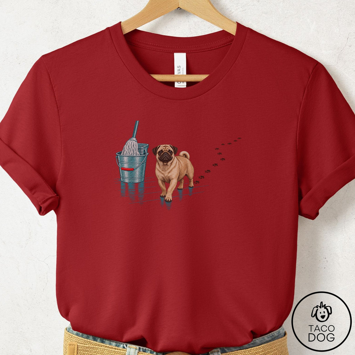 Pug Mop T-Shirt Canvas Red Taco-Dog