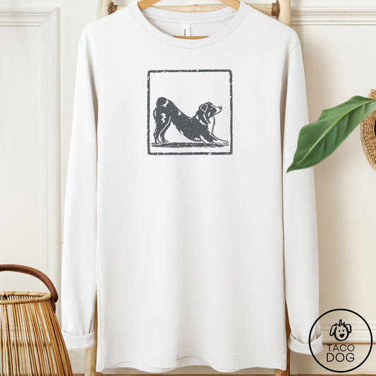 Australian Shepherd Morning Stretch Long Sleeve Tee White Taco-Dog