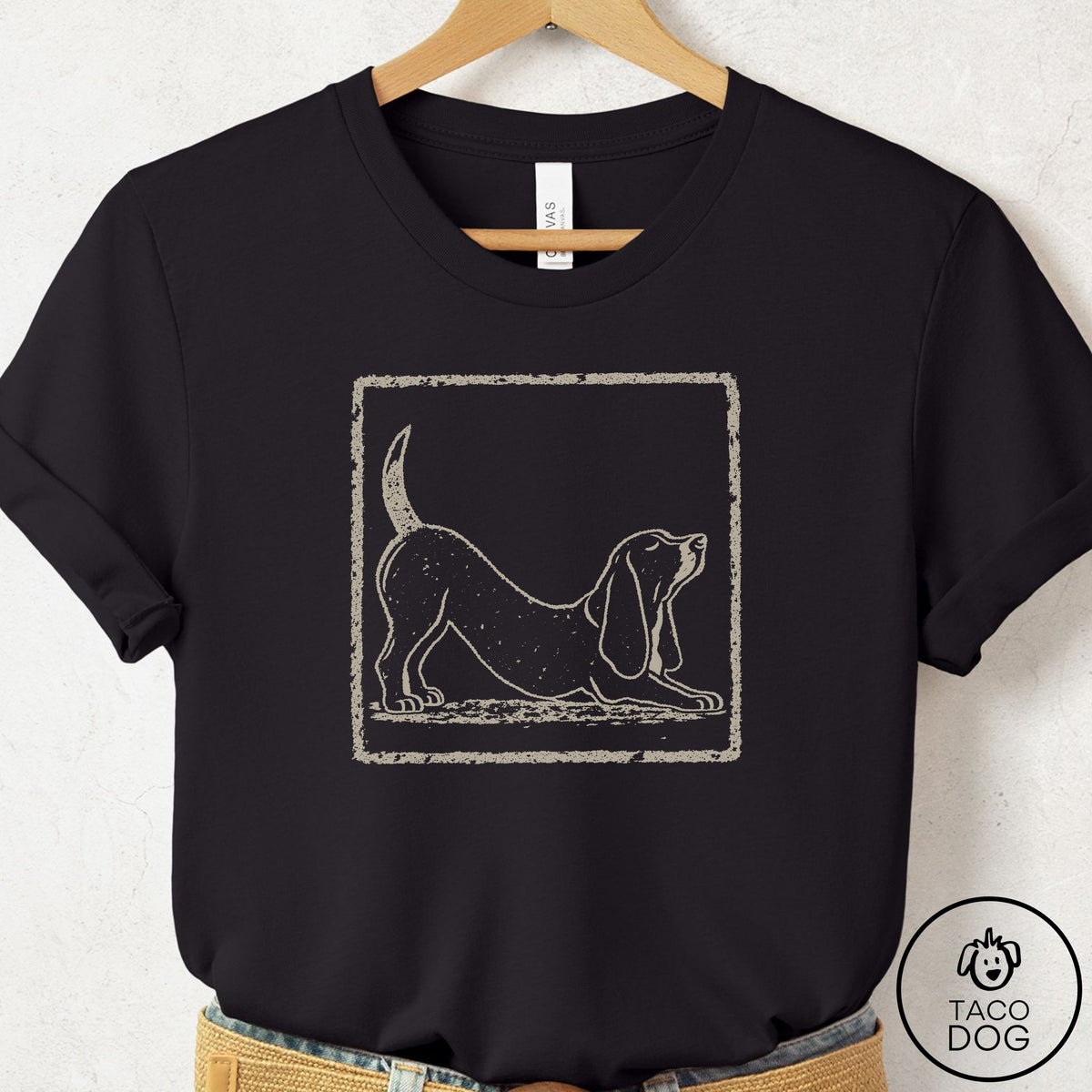 Basset Hound Morning Stretch T-Shirt Black Taco-Dog