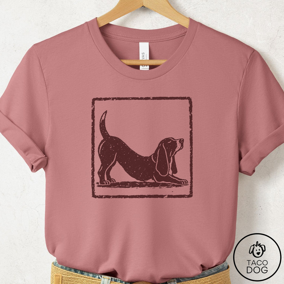 Basset Hound Morning Stretch T-Shirt Mauve Taco-Dog