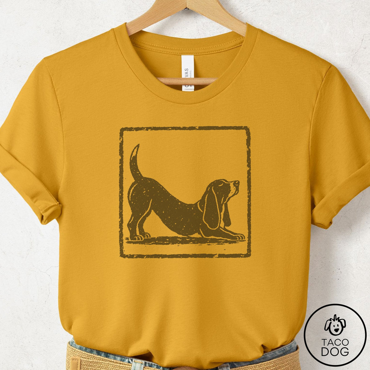 Basset Hound Morning Stretch T-Shirt Mustard Taco-Dog