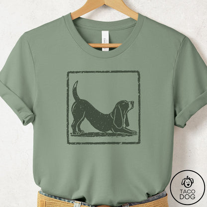 Basset Hound Morning Stretch T-Shirt Sage Taco-Dog