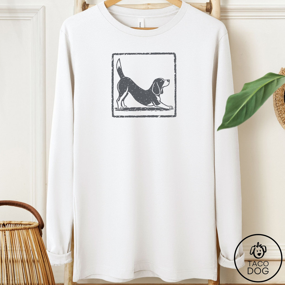 Beagle Morning Stretch Long Sleeve Tee White Taco-Dog