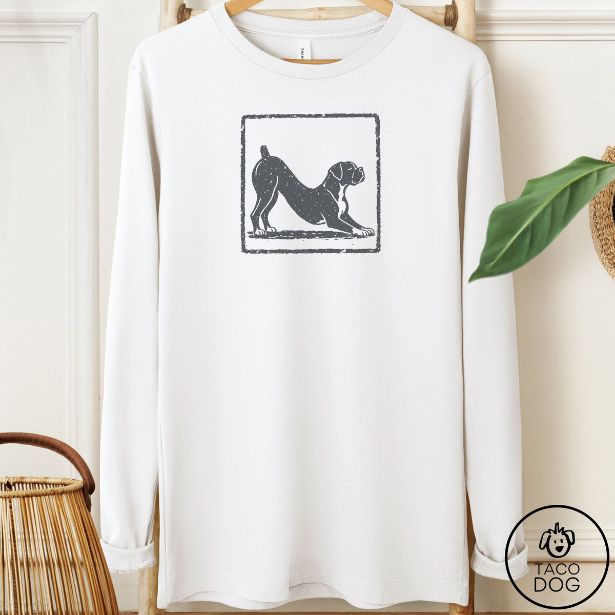 Boxer Morning Stretch Long Sleeve Tee White Taco-Dog