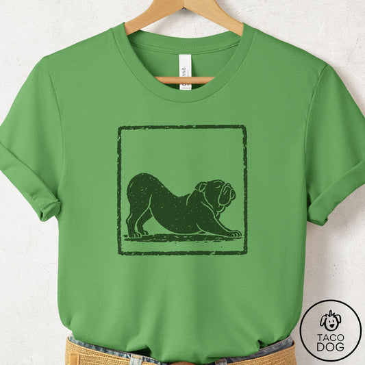English Bulldog Morning Stretch T-Shirt Leaf Taco-Dog