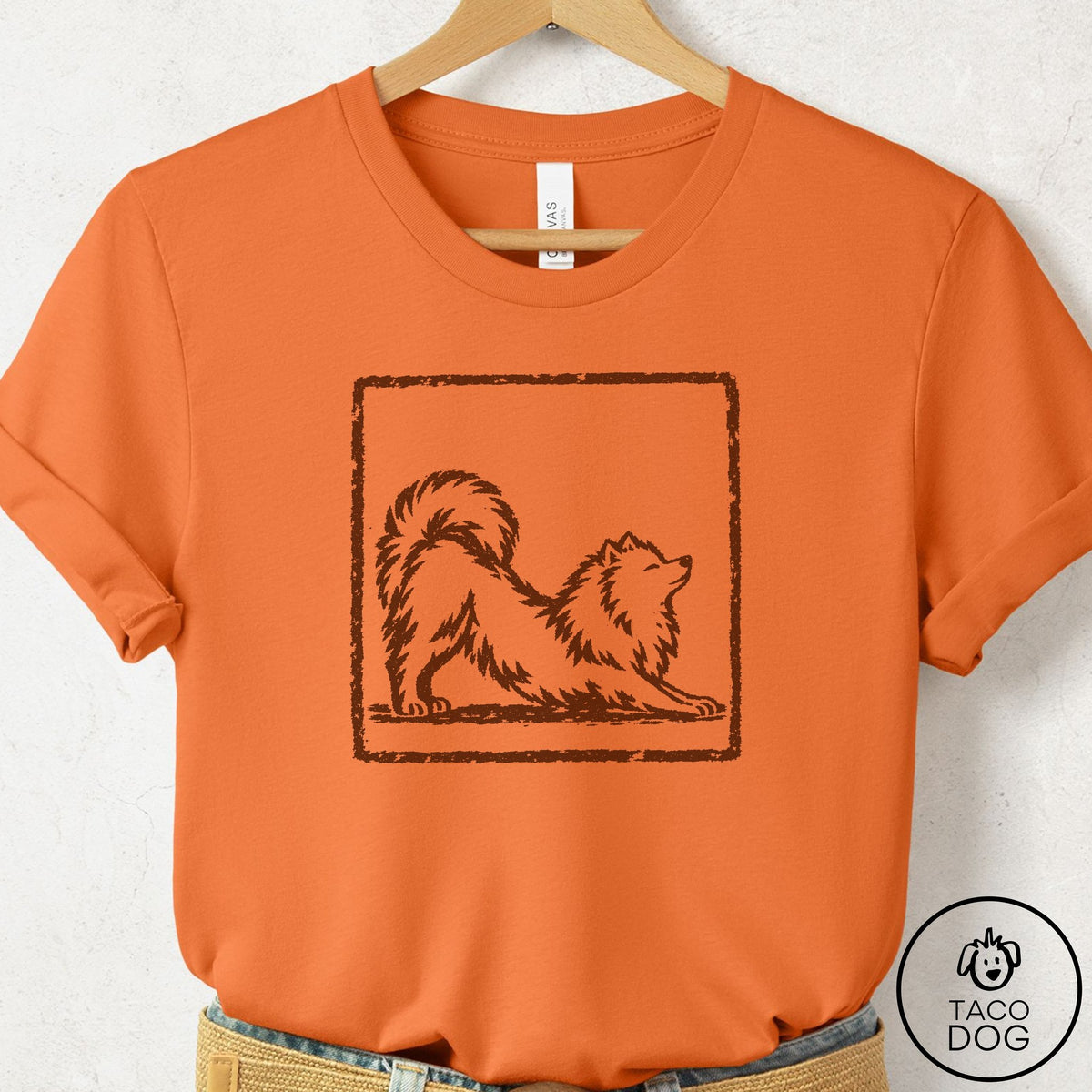 Pomeranian Morning Stretch T-Shirt Burnt Orange Taco-Dog