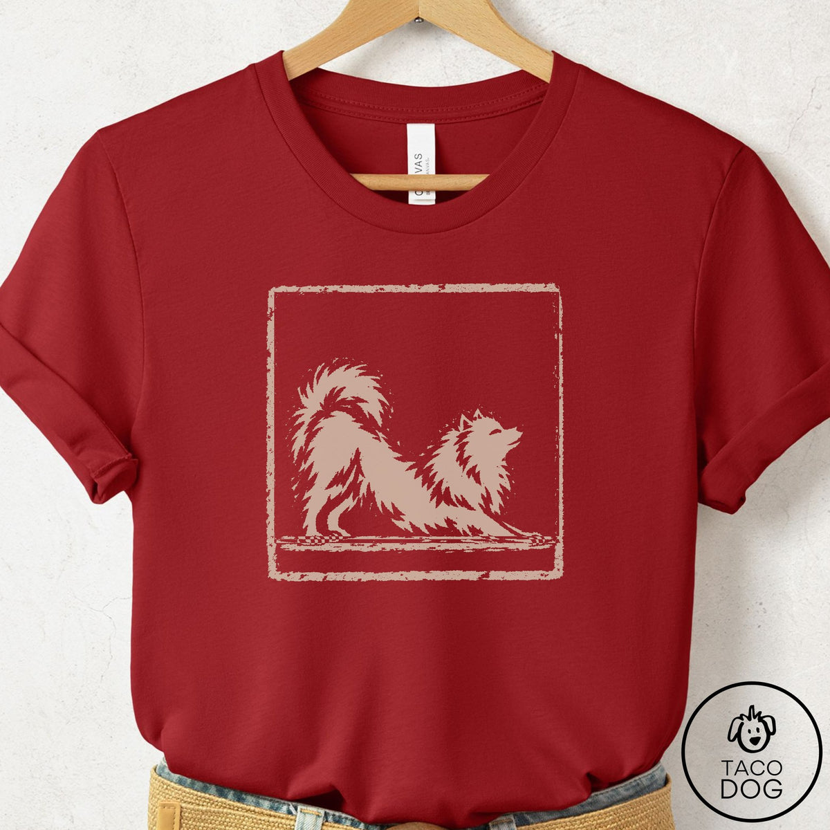 Pomeranian Morning Stretch T-Shirt Canvas Red Taco-Dog