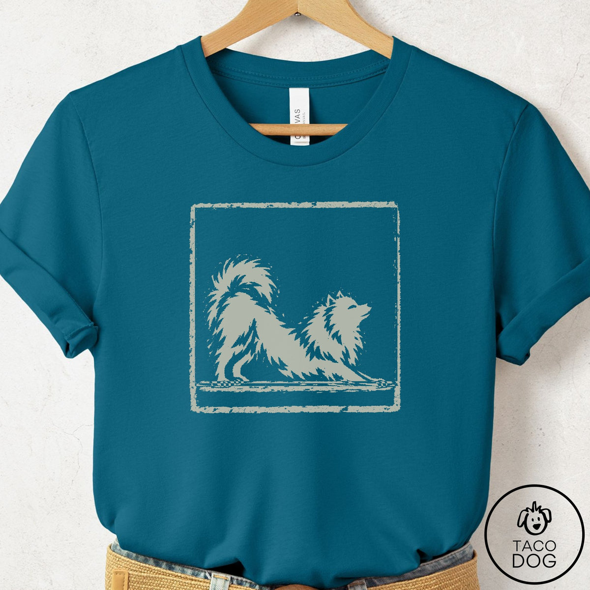 Pomeranian Morning Stretch T-Shirt Deep Teal Taco-Dog