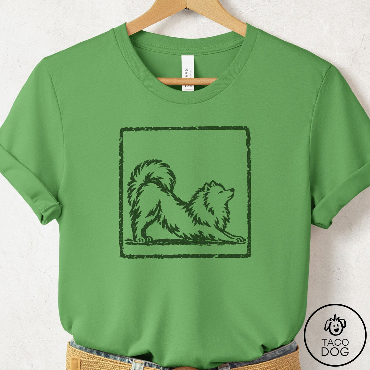 Pomeranian Morning Stretch T-Shirt, design close-up