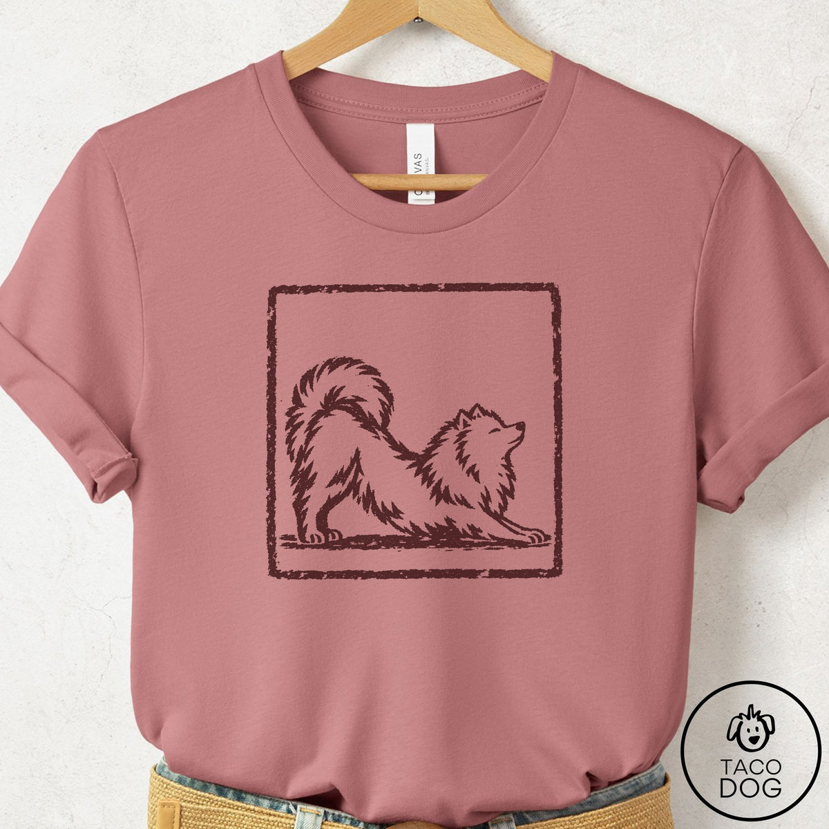 Pomeranian Morning Stretch T-Shirt Mauve Taco-Dog