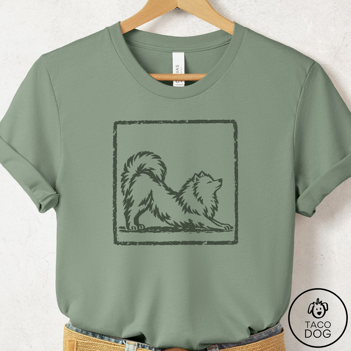 Pomeranian Morning Stretch T-Shirt Sage Taco-Dog
