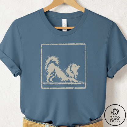 Pomeranian Morning Stretch T-Shirt Steel Blue Taco-Dog