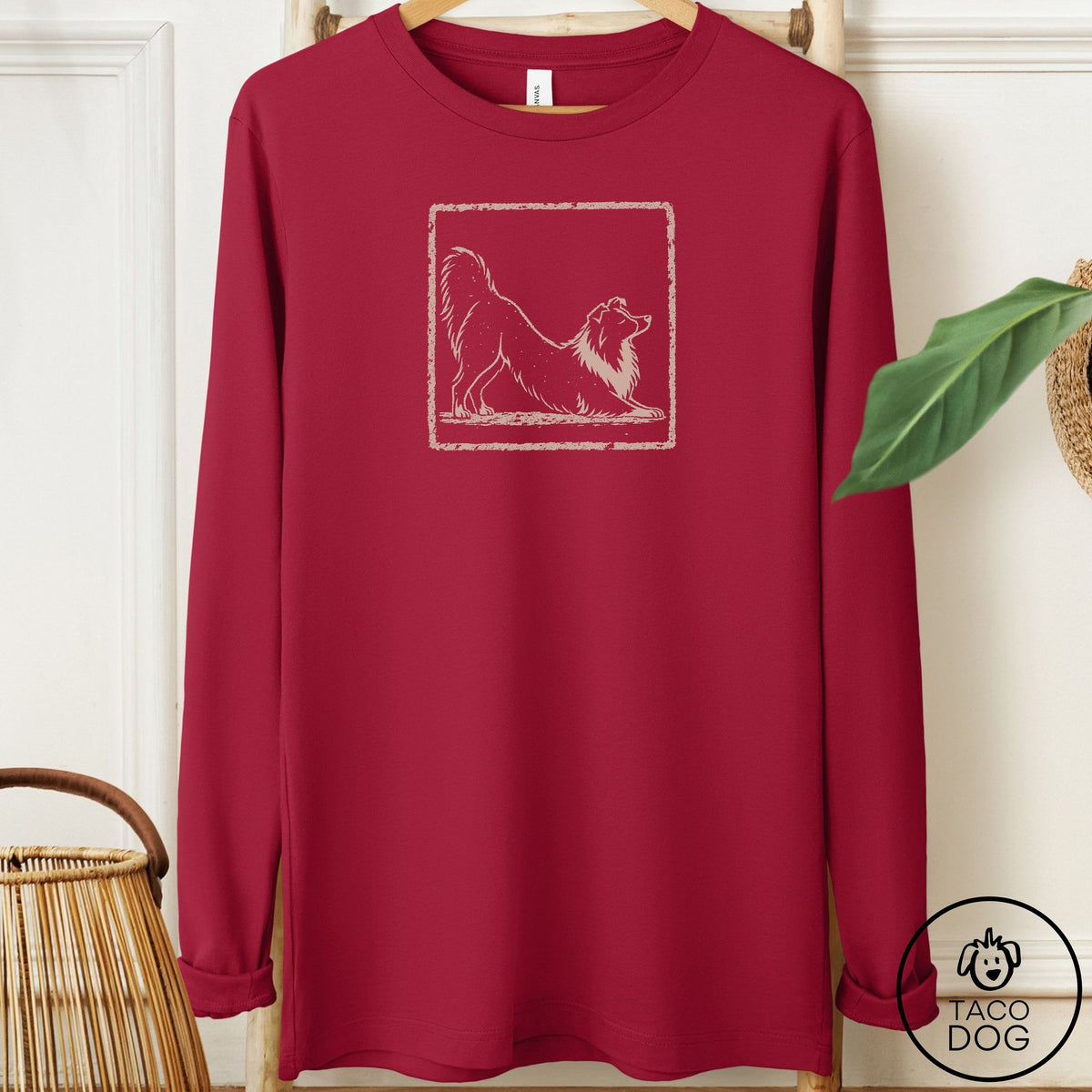 Shetland Sheepdog Morning Stretch Long Sleeve Tee Cardinal Taco-Dog