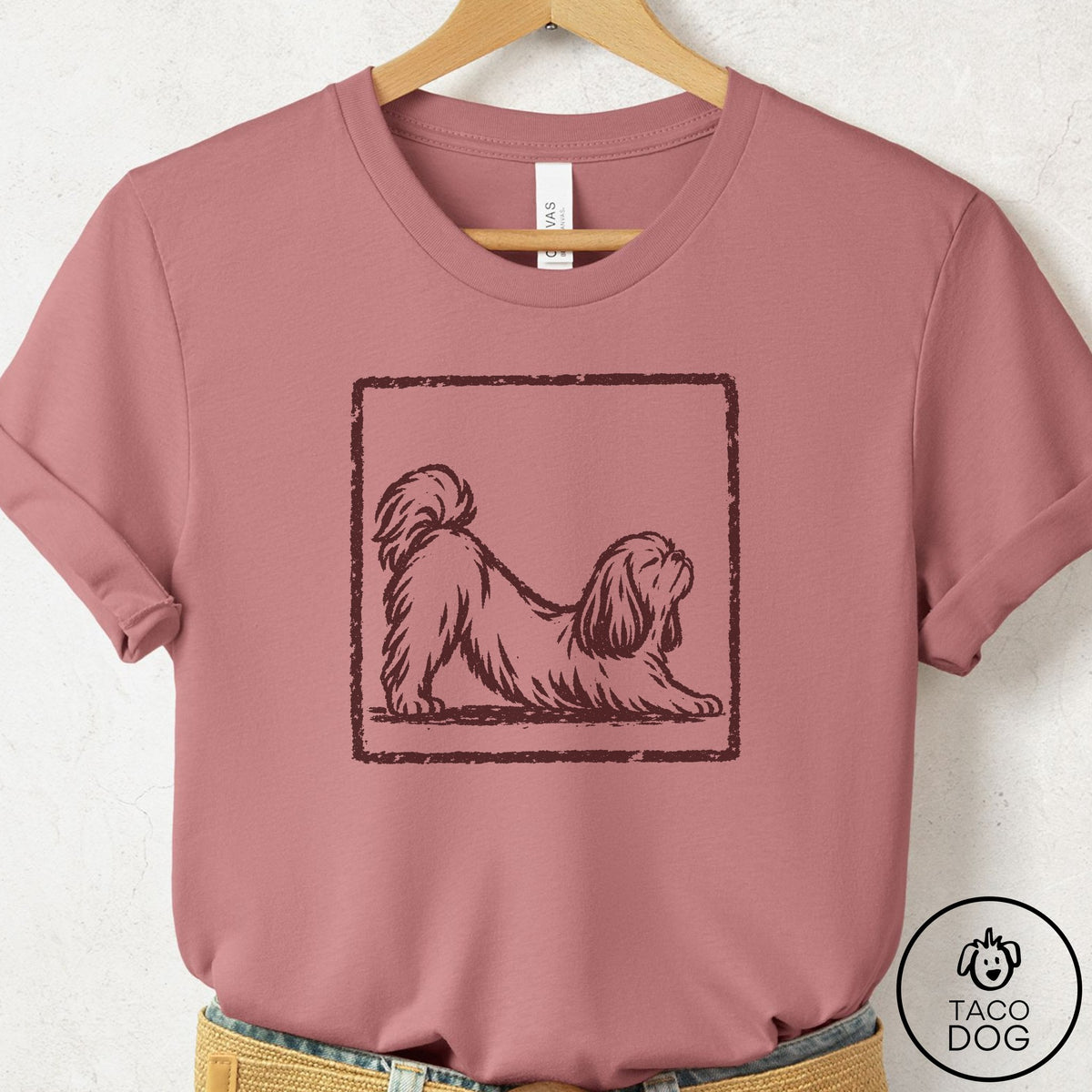 Shih Tzu Morning Stretch T-Shirt Mauve Taco-Dog