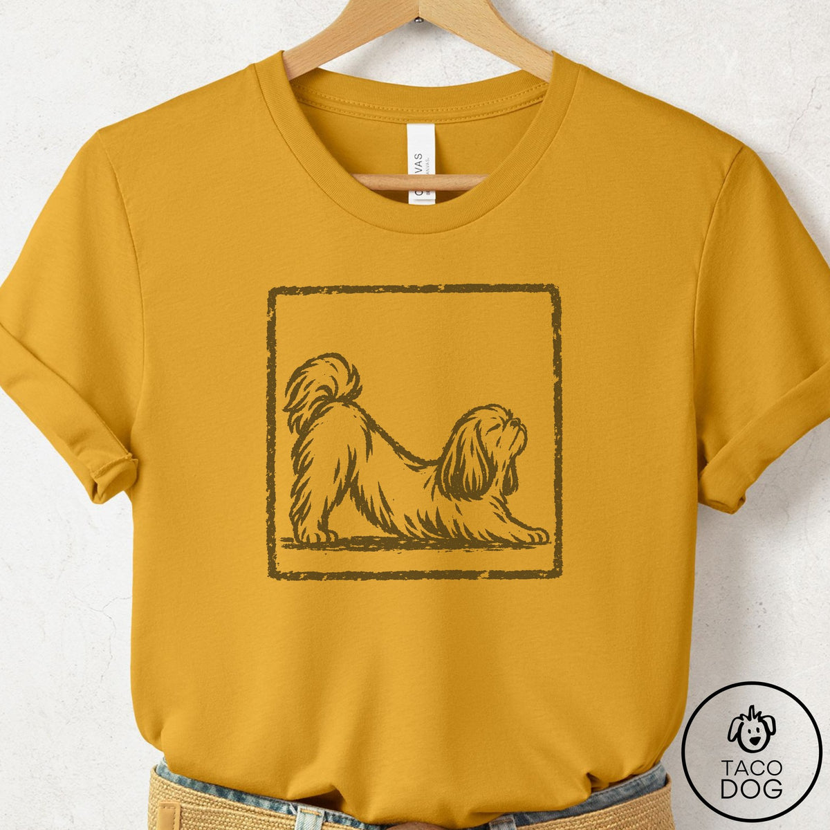 Shih Tzu Morning Stretch T-Shirt Mustard Taco-Dog