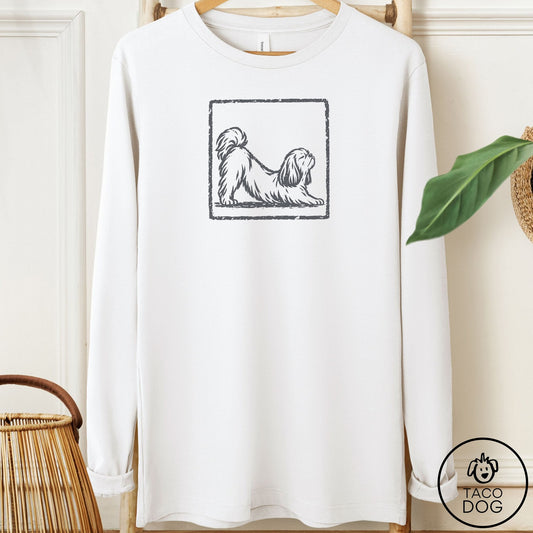 Shih Tzu Morning Stretch Long Sleeve Tee White Taco-Dog
