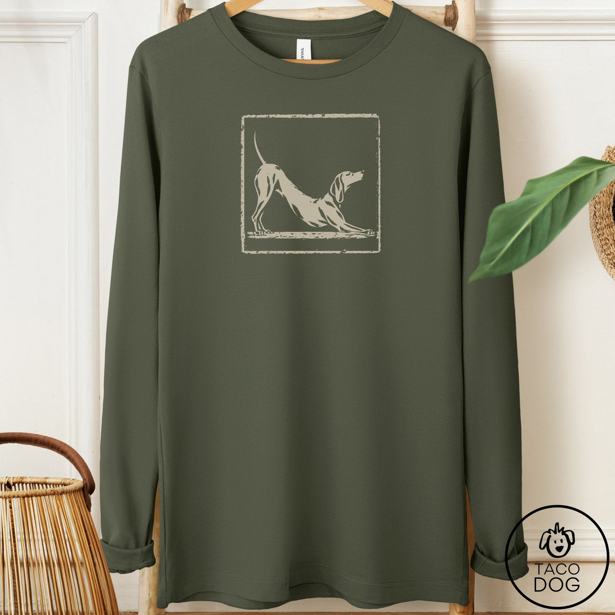 Vizsla Morning Stretch Long Sleeve Tee Military Green Taco-Dog