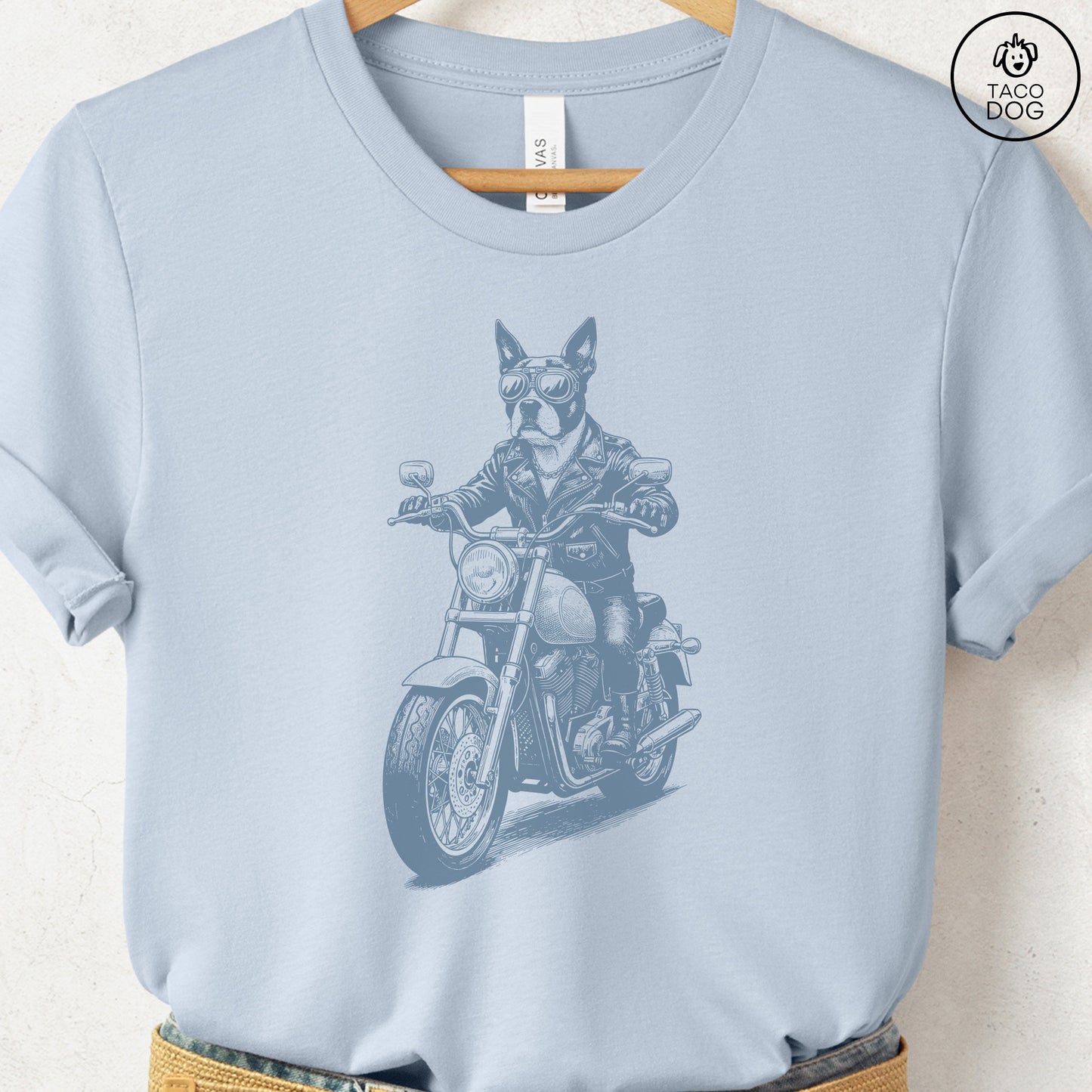 Boston Terrier Motorbike T-Shirt Light Blue S Taco-Dog