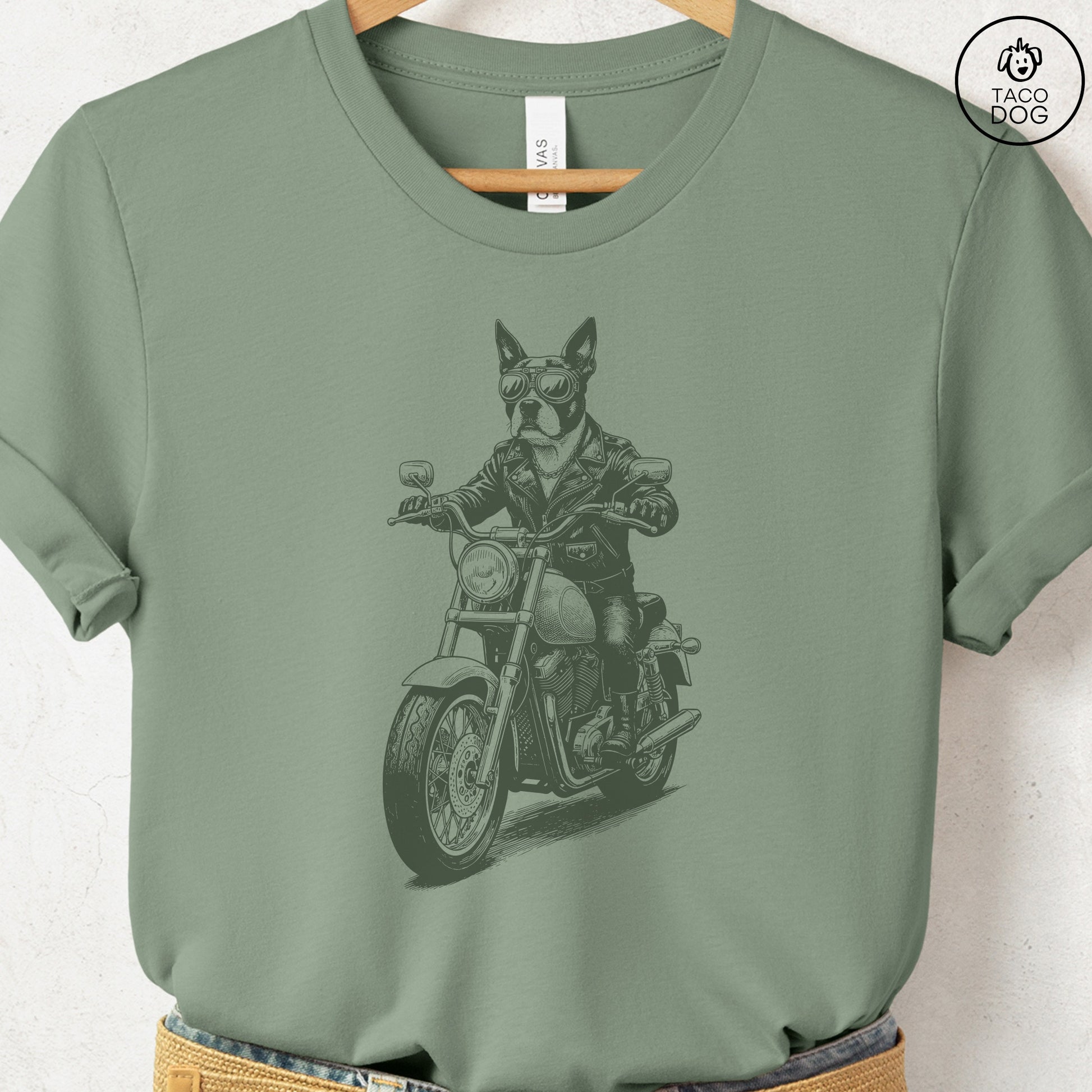 Boston Terrier Motorbike T-Shirt Sage S Taco-Dog