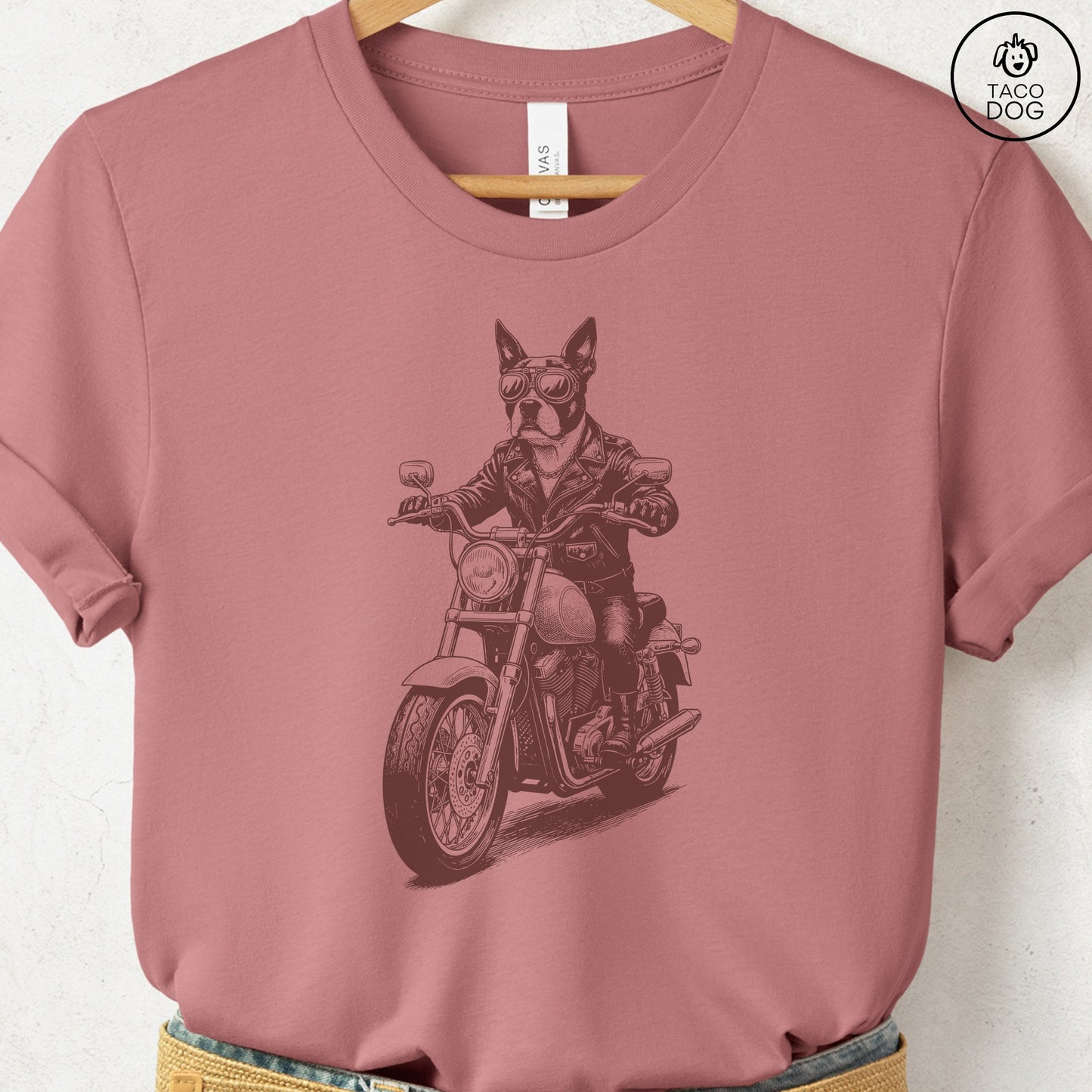 Boston Terrier Motorbike T-Shirt Heather Mauve S Taco-Dog