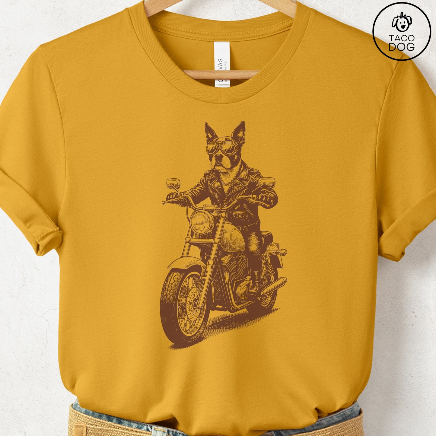 Boston Terrier Motorbike T-Shirt Mustard S Taco-Dog