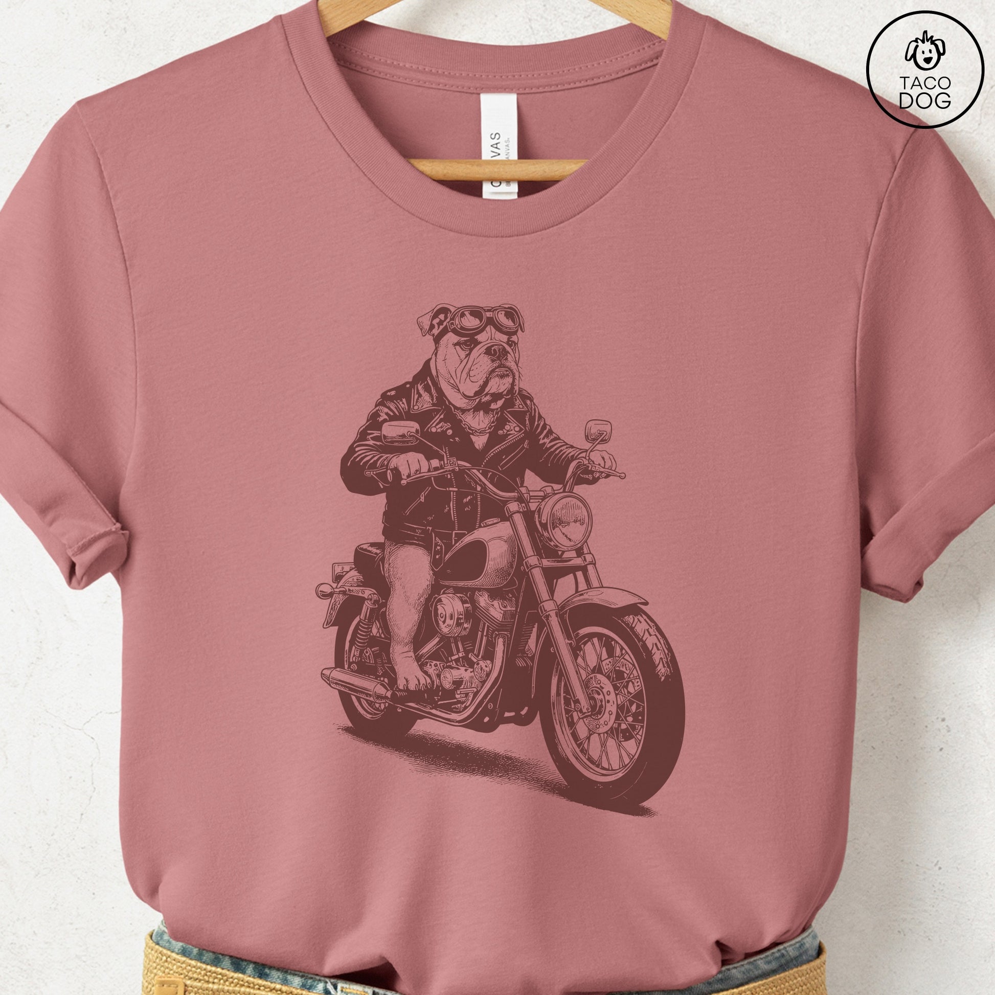 English Bulldog Motorbike T-Shirt Heather Mauve S Taco-Dog