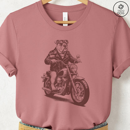 English Bulldog Motorbike T-Shirt Heather Mauve S Taco-Dog